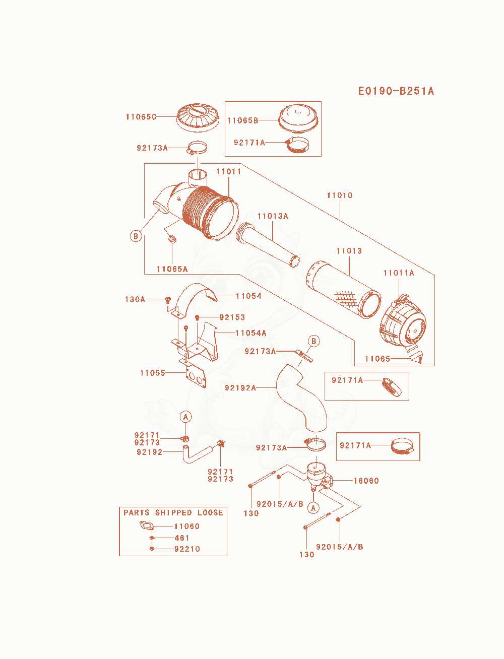 Despiece del Air-Filter / Muffler de un motor Kawasaki FX801V-AS05, con globos numerados