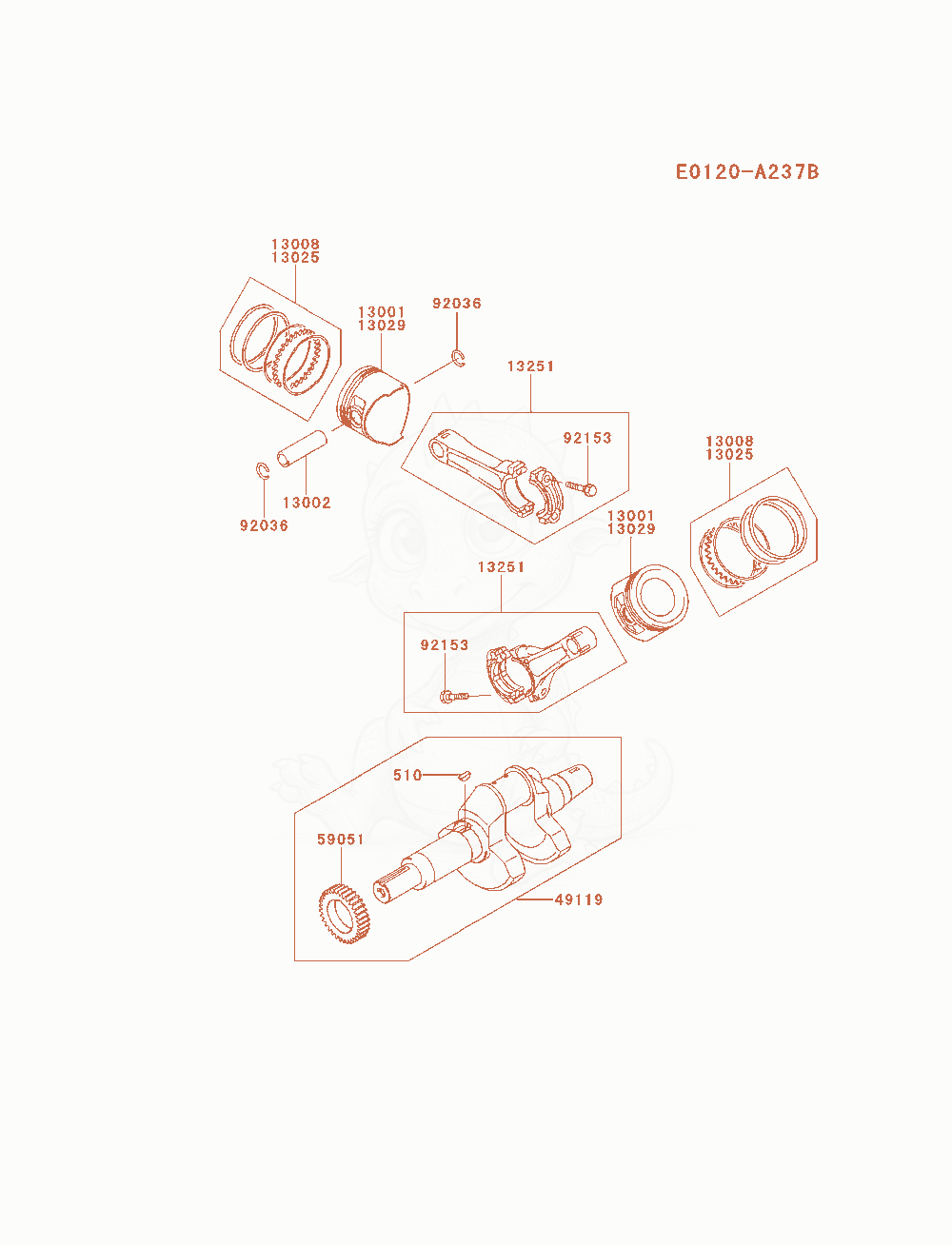 Exploded parts diagram of the Piston / Crankshaft of a Kawasaki FD791D-FS04 engine, with numbered balloons