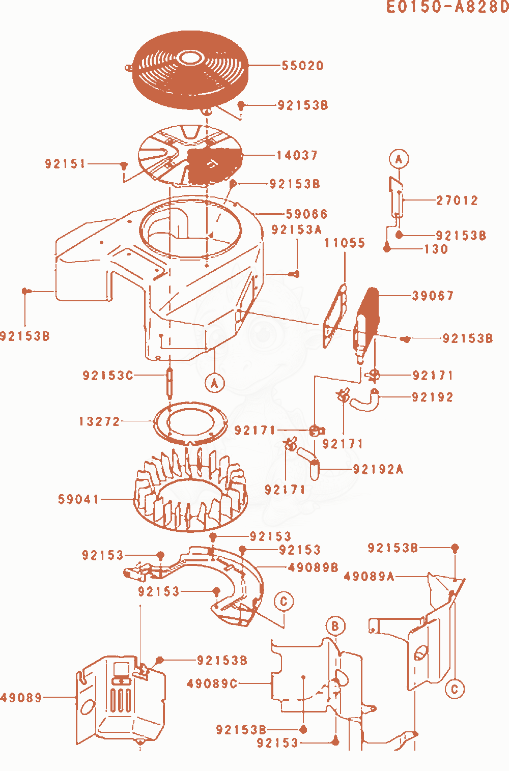 Despiece del Cooling-Equipment de un motor Kawasaki FX801V-AS04, con globos numerados