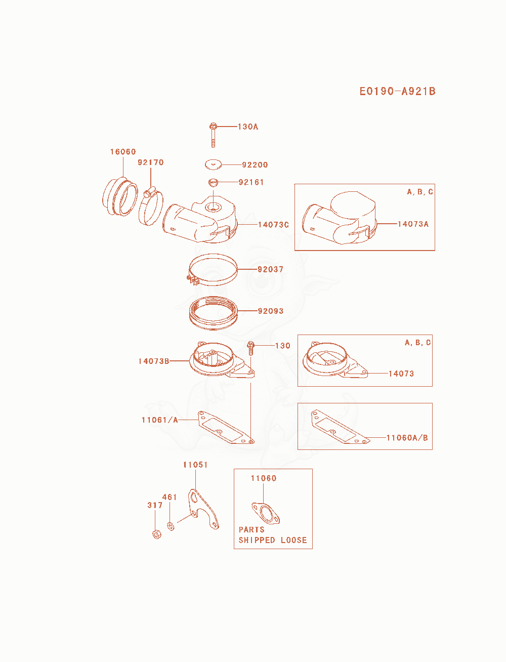 Despiece del Air-Filter / Muffler de un motor Kawasaki FD750D-CS03, con globos numerados