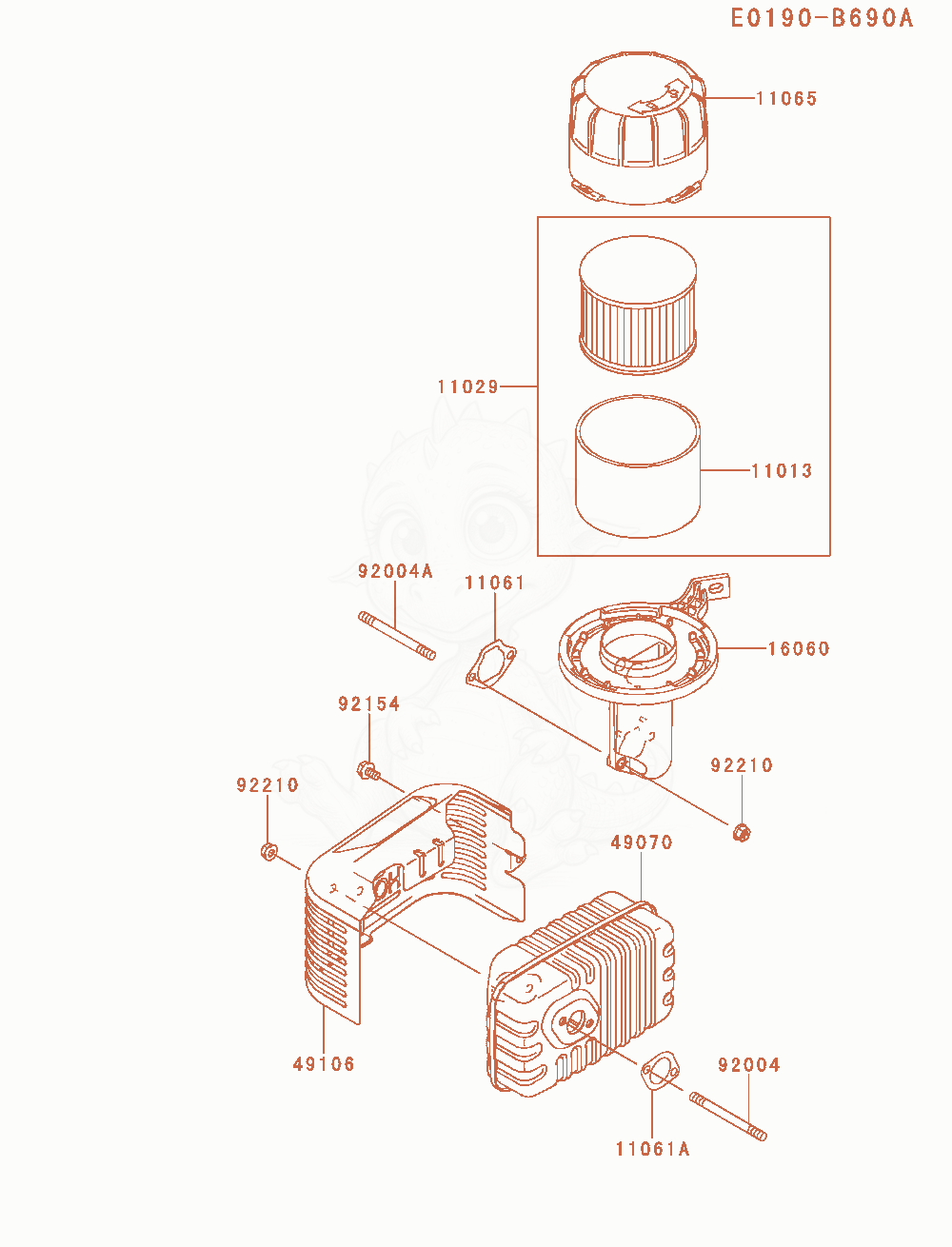 Despiece del Air-Filter / Muffler de un motor Kawasaki FJ180V-AM28, con globos numerados
