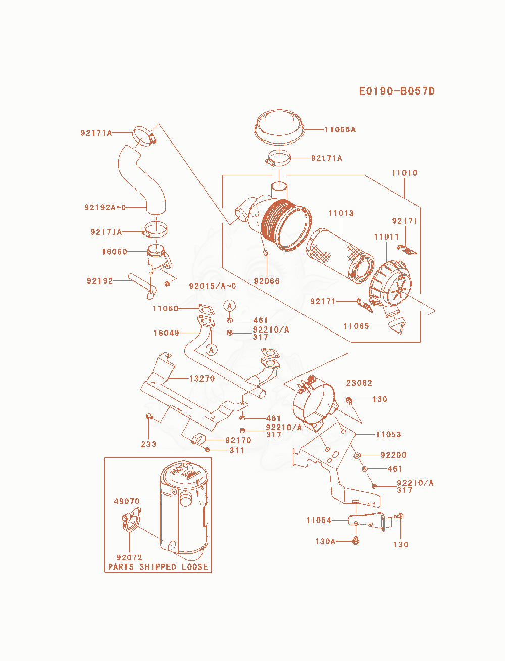 Despiece del Air-Filter / Muffler de un motor Kawasaki FH580V-AS36, con globos numerados