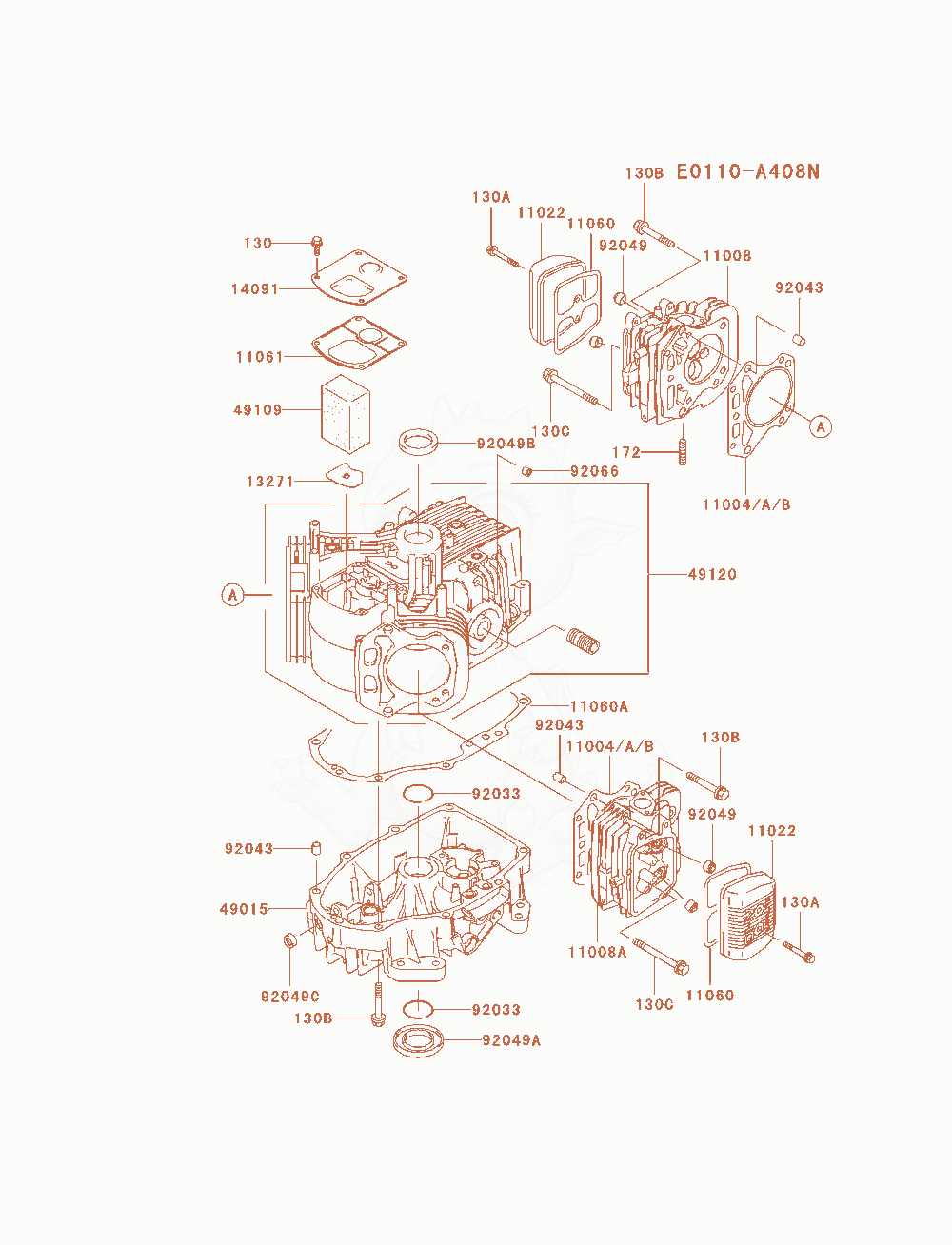 Despiece del Cylinder / Crankcase de un motor Kawasaki FH580V-AS14, con globos numerados