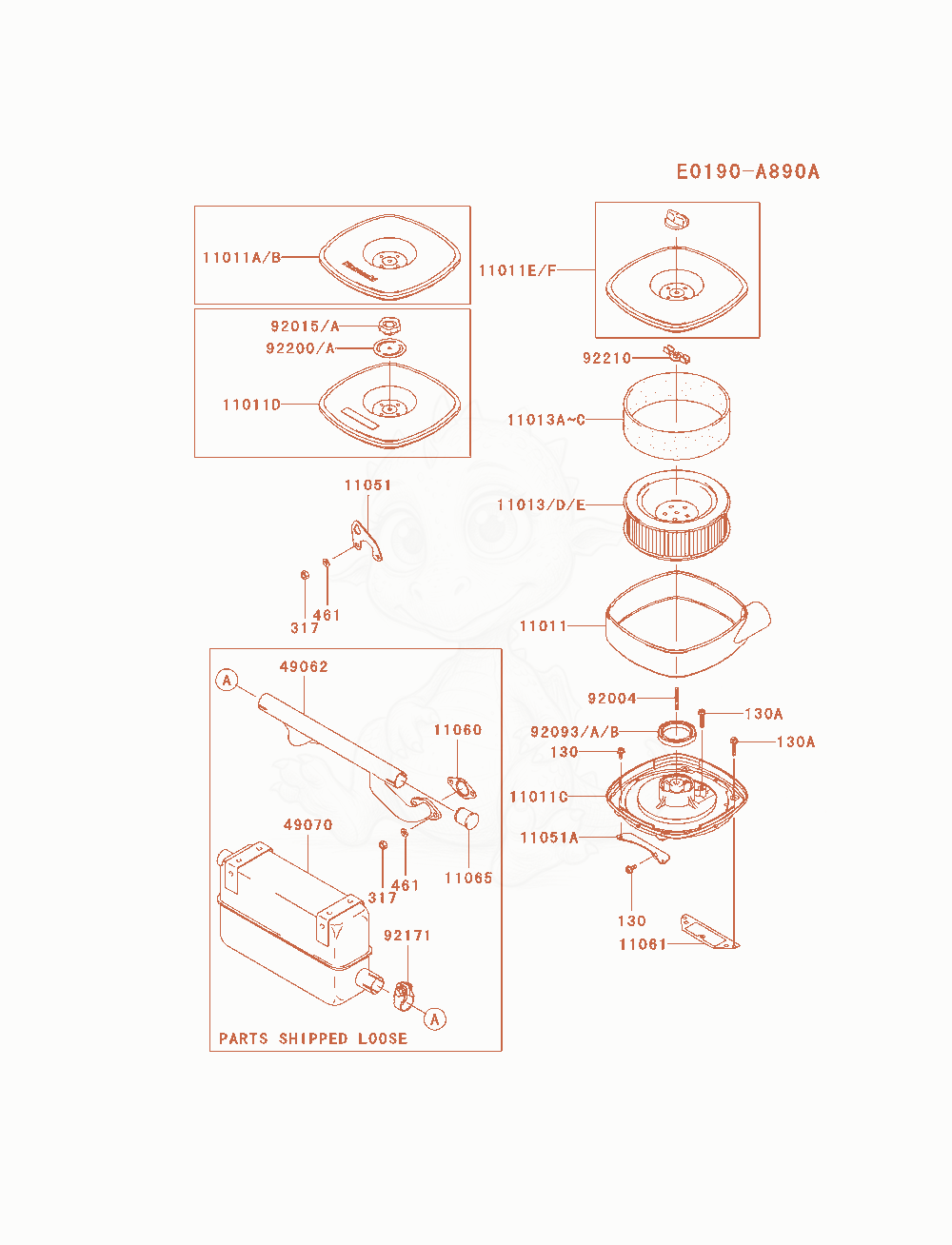 Despiece del Air-Filter / Muffler de un motor Kawasaki FD750D-BS05, con globos numerados