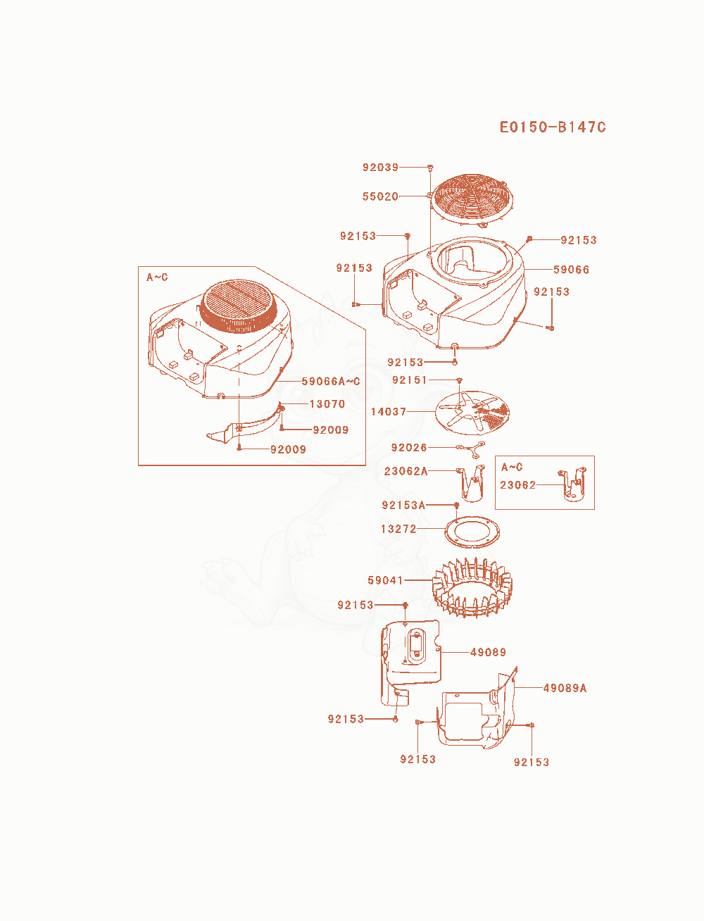 Despiece del Cooling-Equipment de un motor Kawasaki FR691V-AS07, con globos numerados