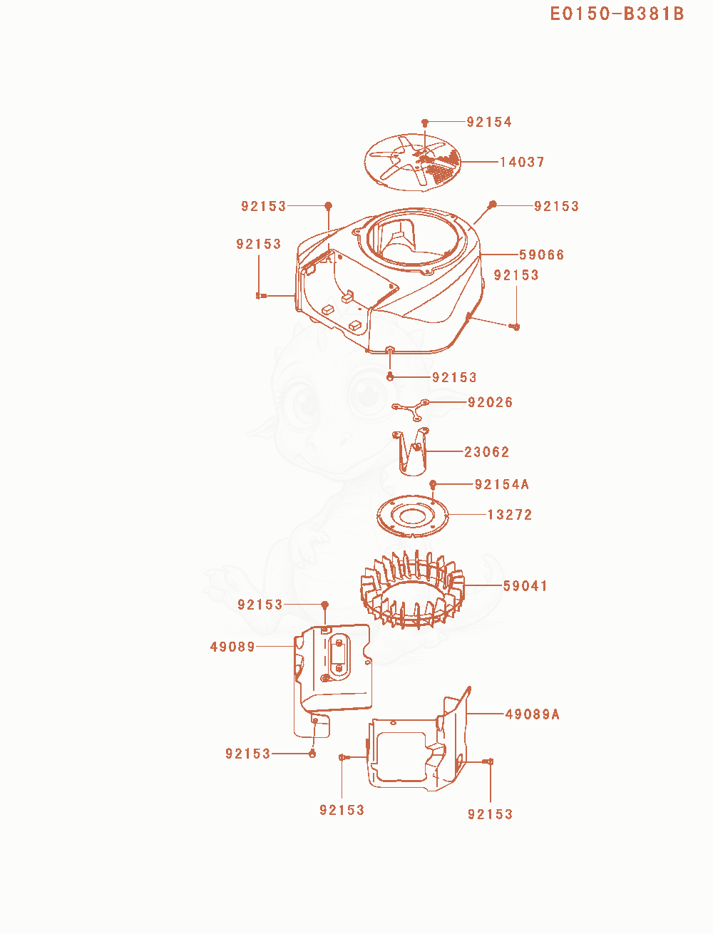 Despiece del Cooling-Equipment de un motor Kawasaki FR691V-AS06, con globos numerados