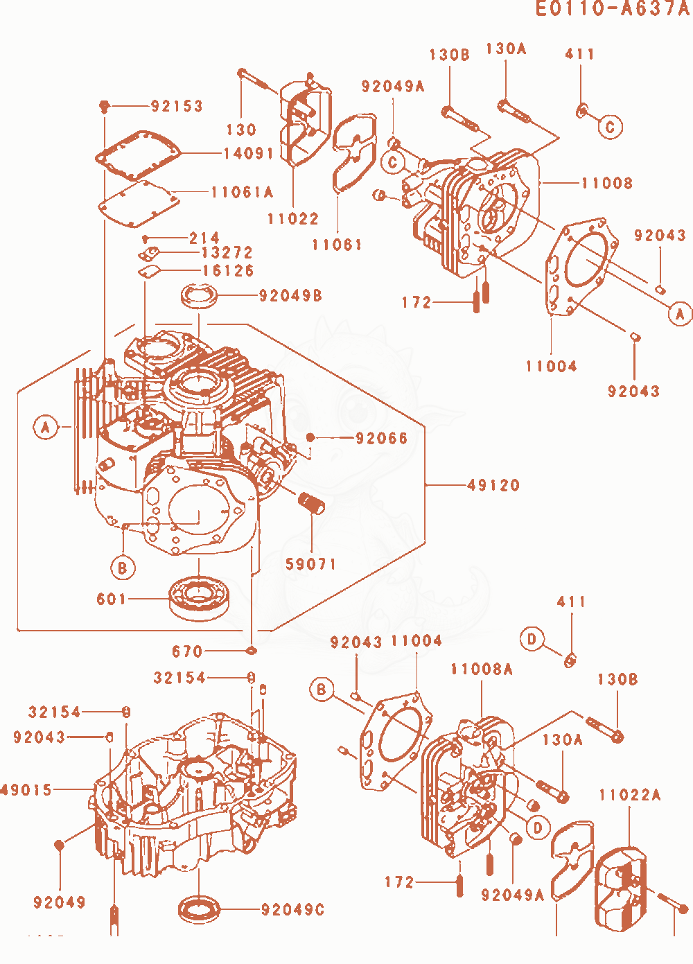 Despiece del Cylinder / Crankcase de un motor Kawasaki FX801V-AS04, con globos numerados