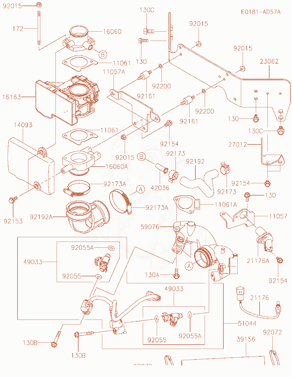 Despiece del Throttle-Equipment de un motor Kawasaki FT730V-AW00, con globos numerados