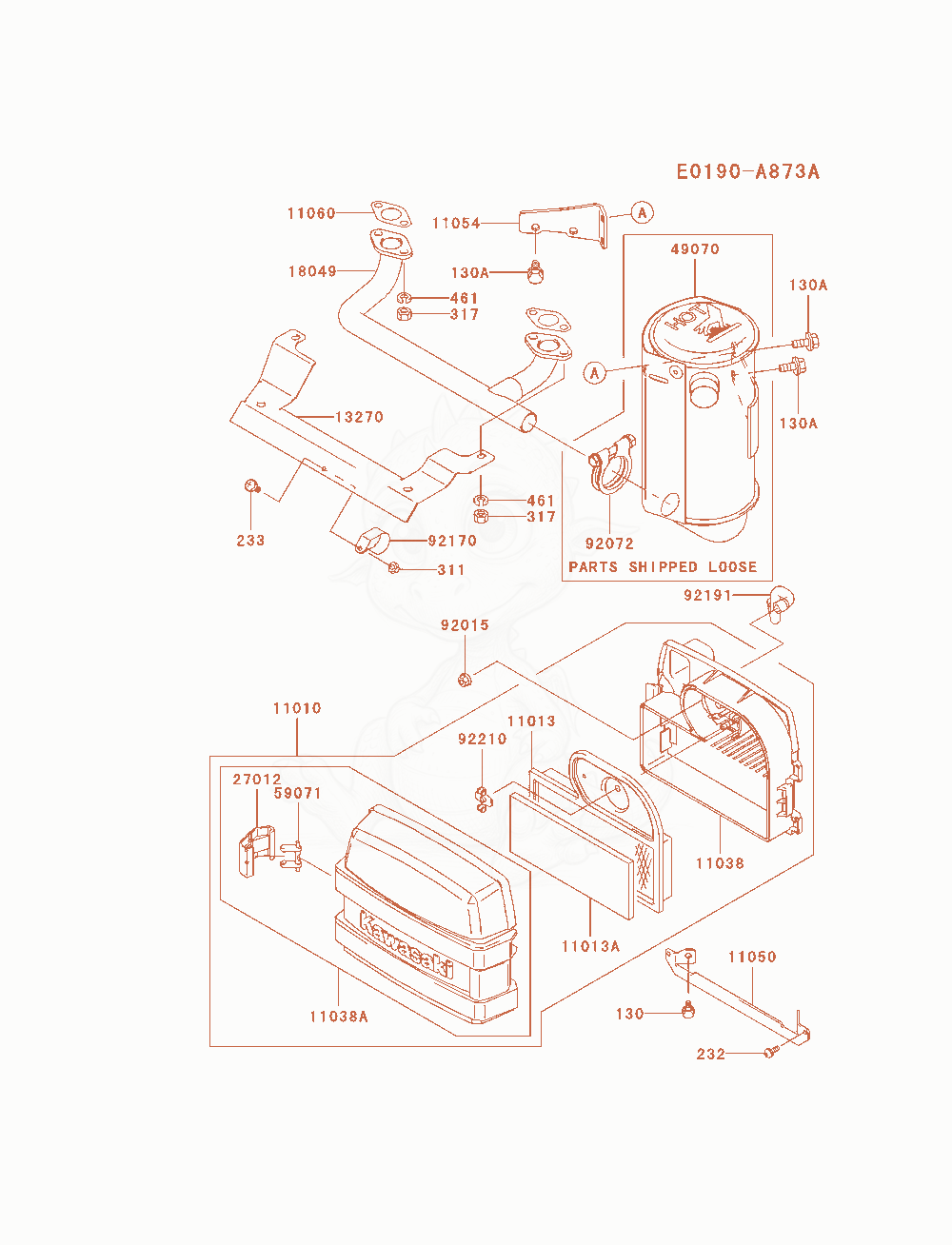 Despiece del Air-Filter / Muffler de un motor Kawasaki FH580V-AS18, con globos numerados