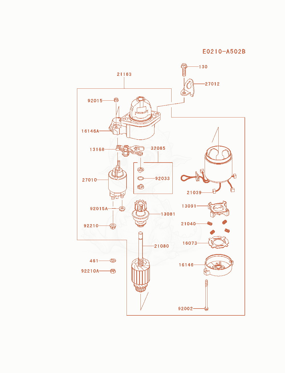 Despiece del Starter de un motor Kawasaki FX600V-BS04, con globos numerados