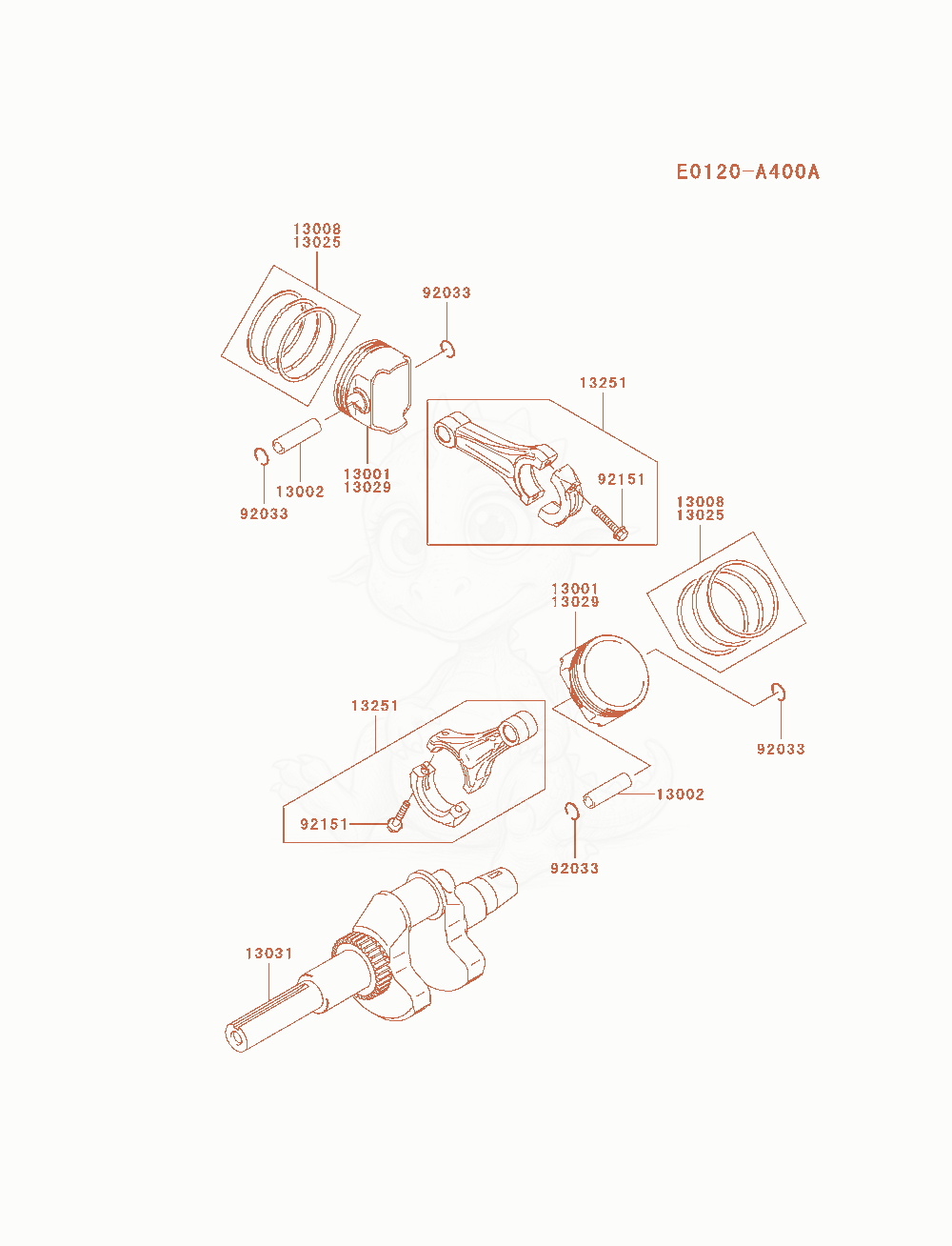 Despiece del Piston / Crankshaft de un motor Kawasaki FH721D-AS11, con globos numerados