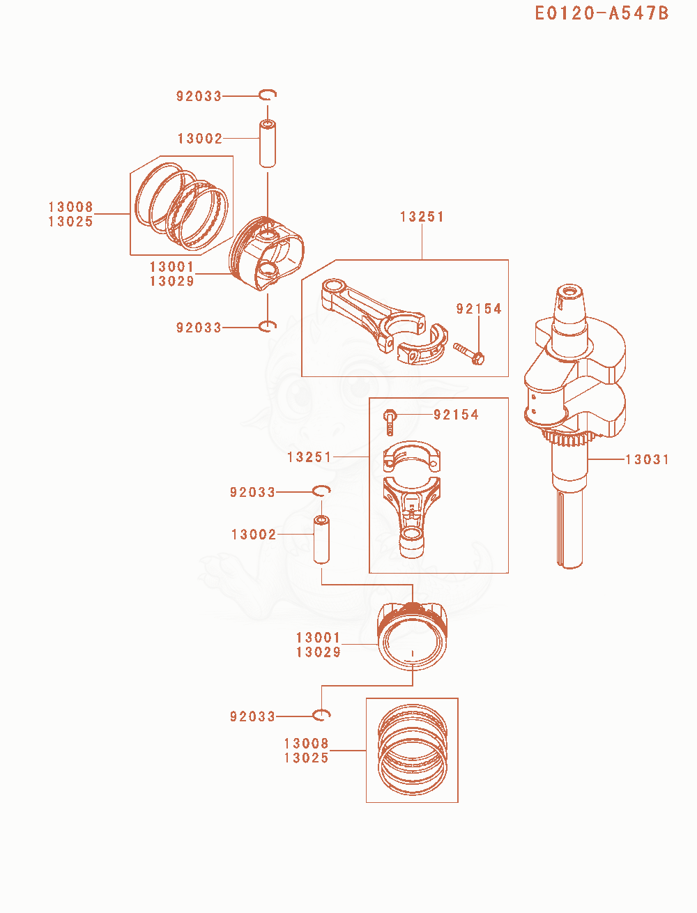 Despiece del Piston / Crankshaft de un motor Kawasaki FS730V-AS01, con globos numerados