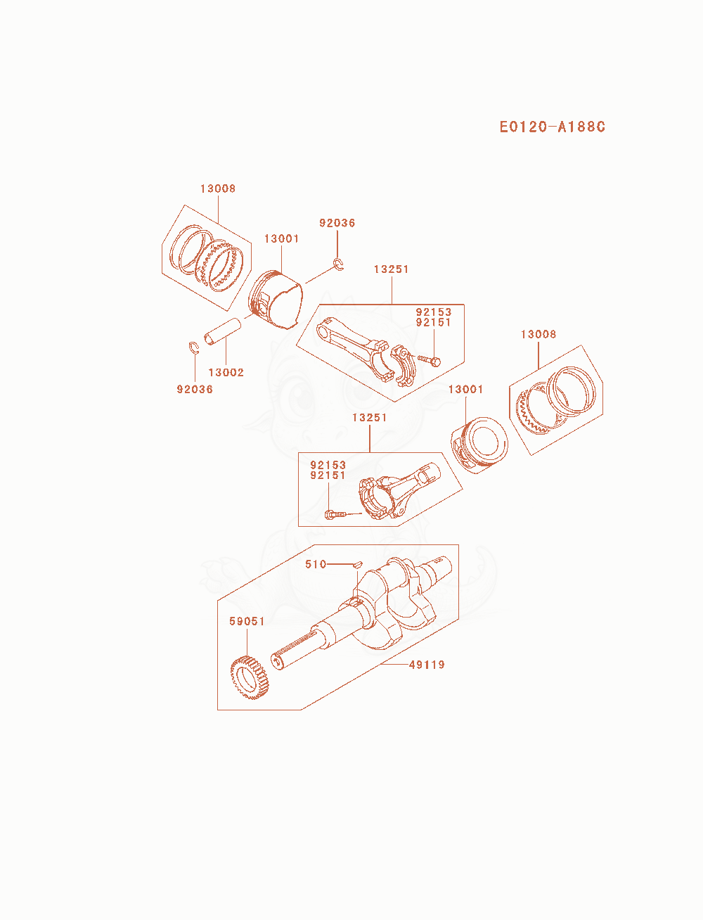 Despiece del Piston / Crankshaft de un motor Kawasaki FD750D-AS04, con globos numerados