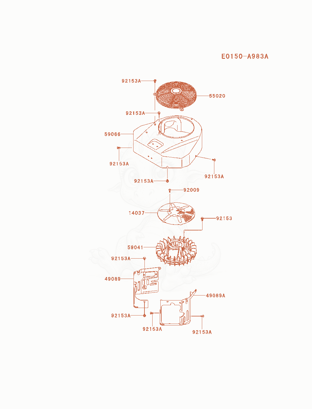Despiece del Cooling-Equipment de un motor Kawasaki FX481V-BS08, con globos numerados