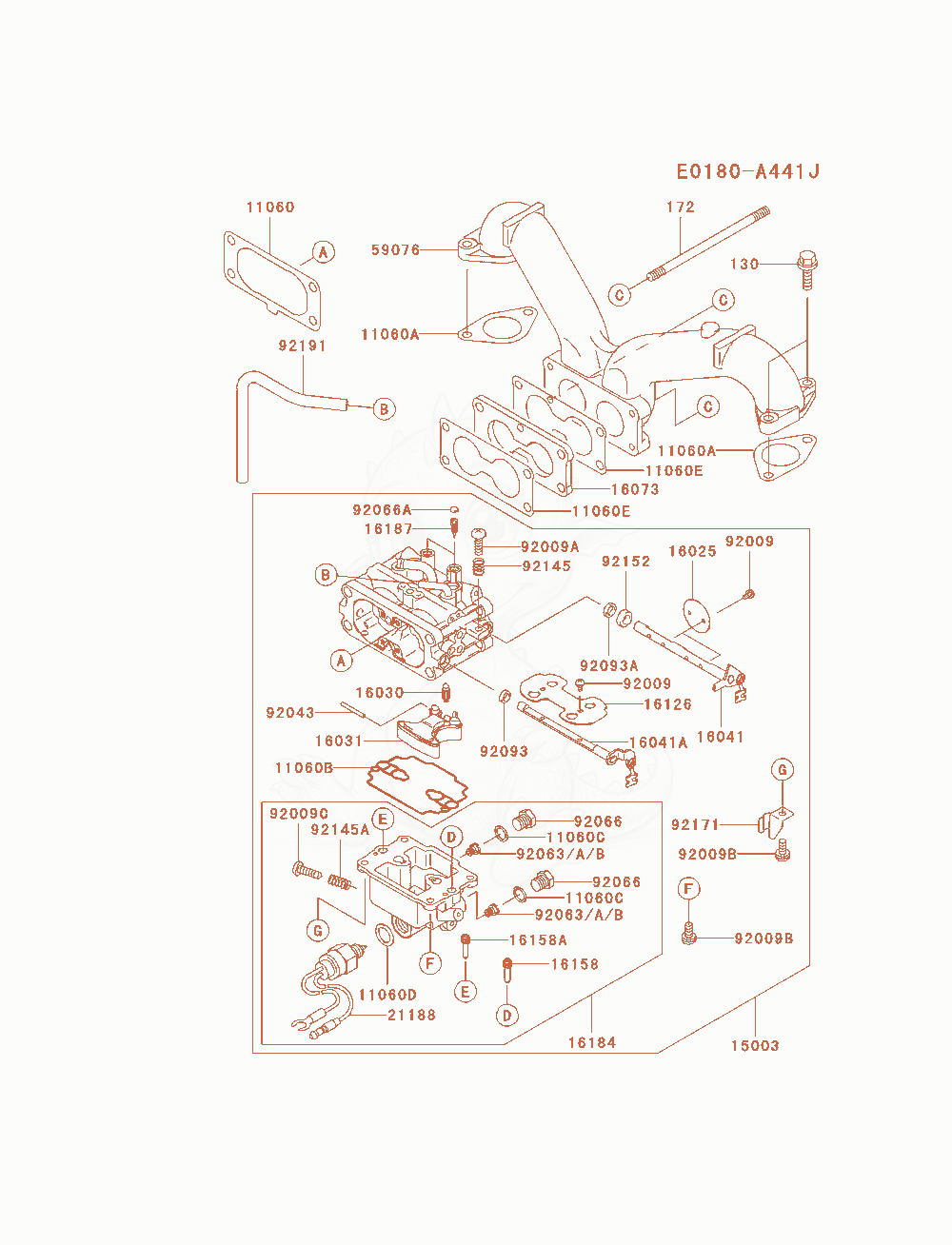 Despiece del Carburetor de un motor Kawasaki FH680V-AS26, con globos numerados