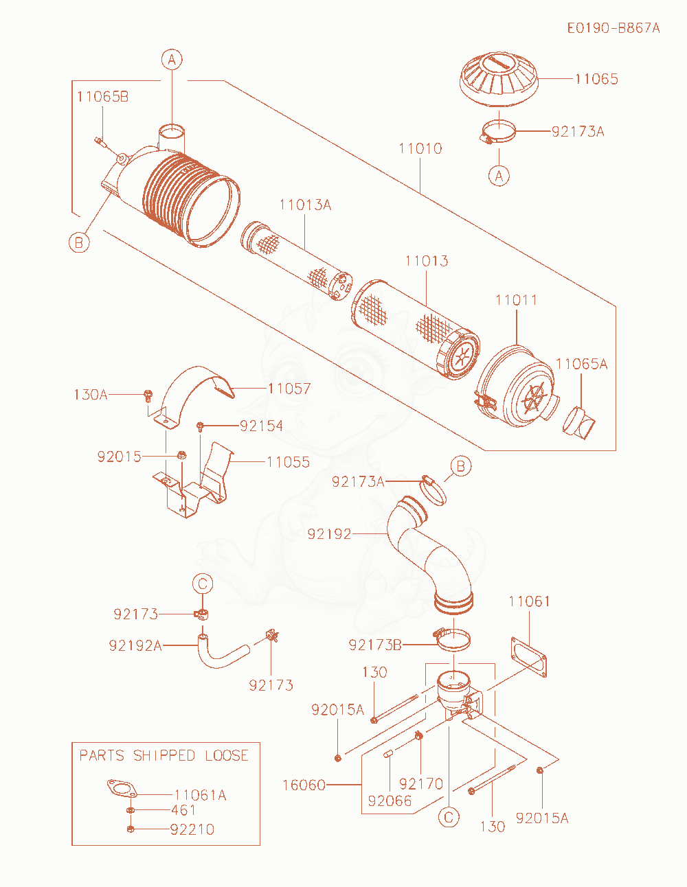Exploded parts diagram of the Air-Filter / Muffler of a Kawasaki FXT00V-AS28 engine, with numbered balloons