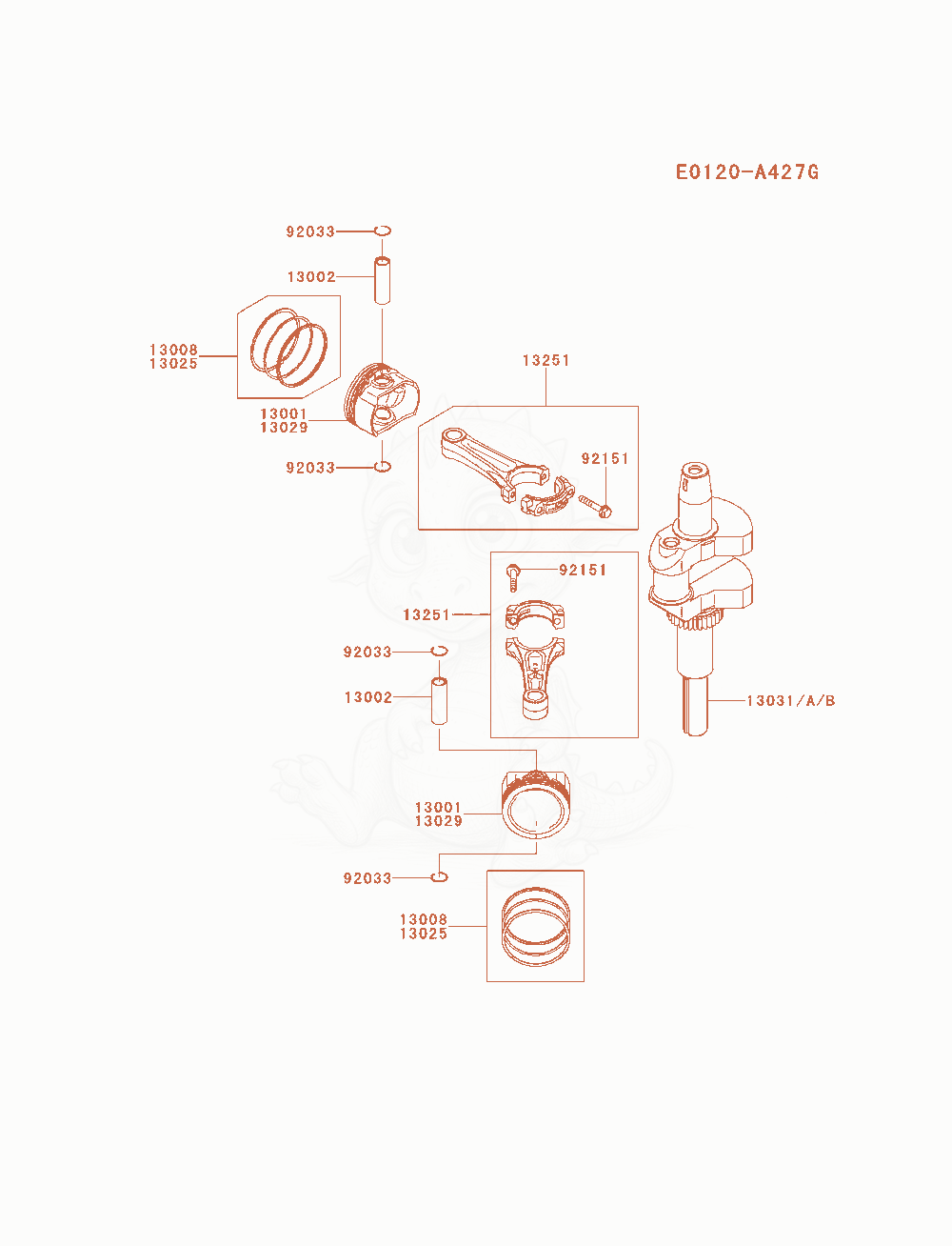 Despiece del Piston / Crankshaft de un motor Kawasaki FS541V-AS20, con globos numerados