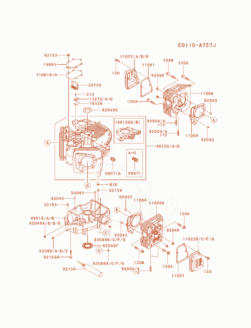 Despiece del Cylinder / Crankcase de un motor Kawasaki FR691V-AS05, con globos numerados