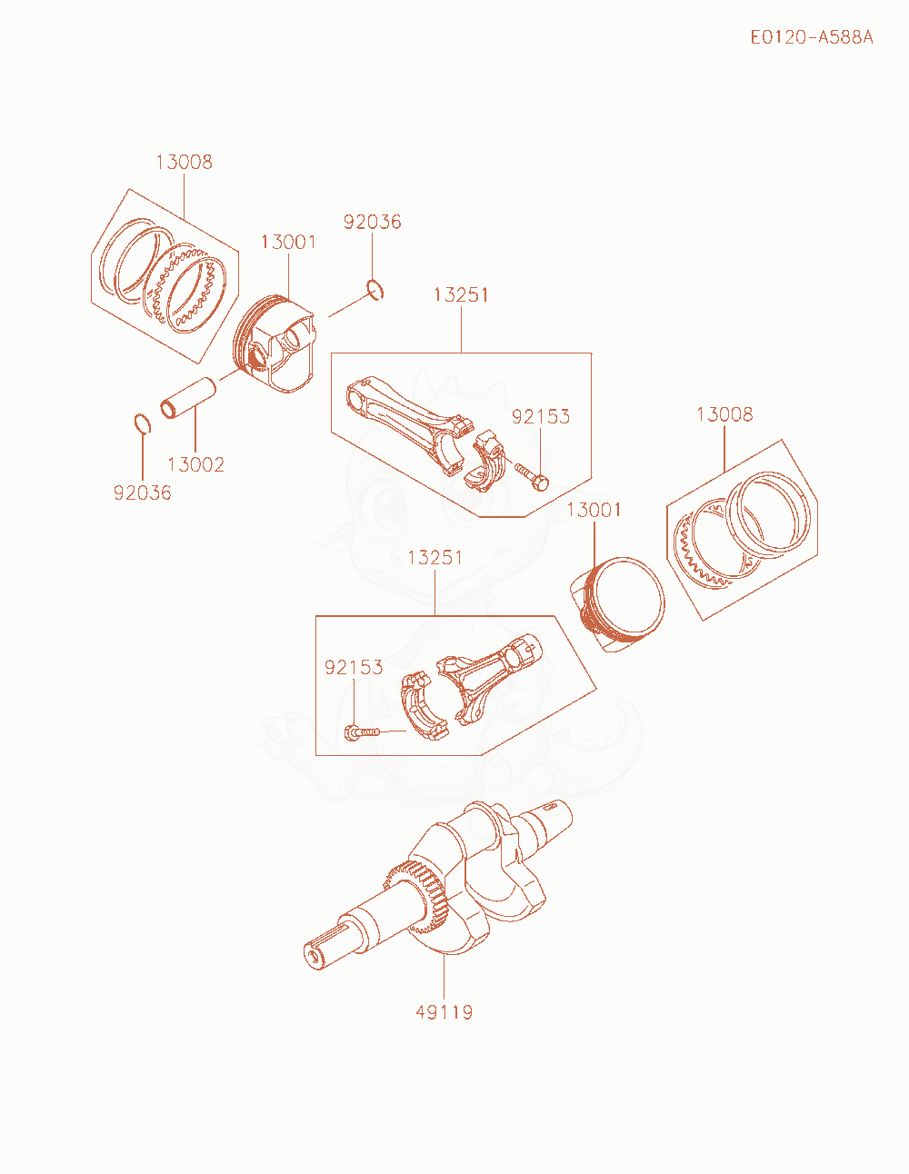 Exploded parts diagram of the Piston / Crankshaft of a Kawasaki FD851D-PS04 engine, with numbered balloons