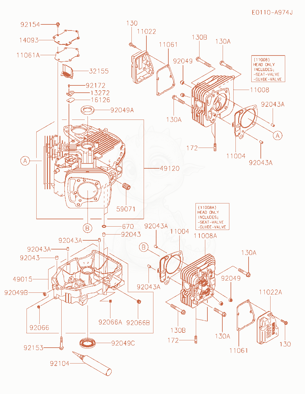 Despiece del Cylinder / Crankcase de un motor Kawasaki FR651V-AR04, con globos numerados