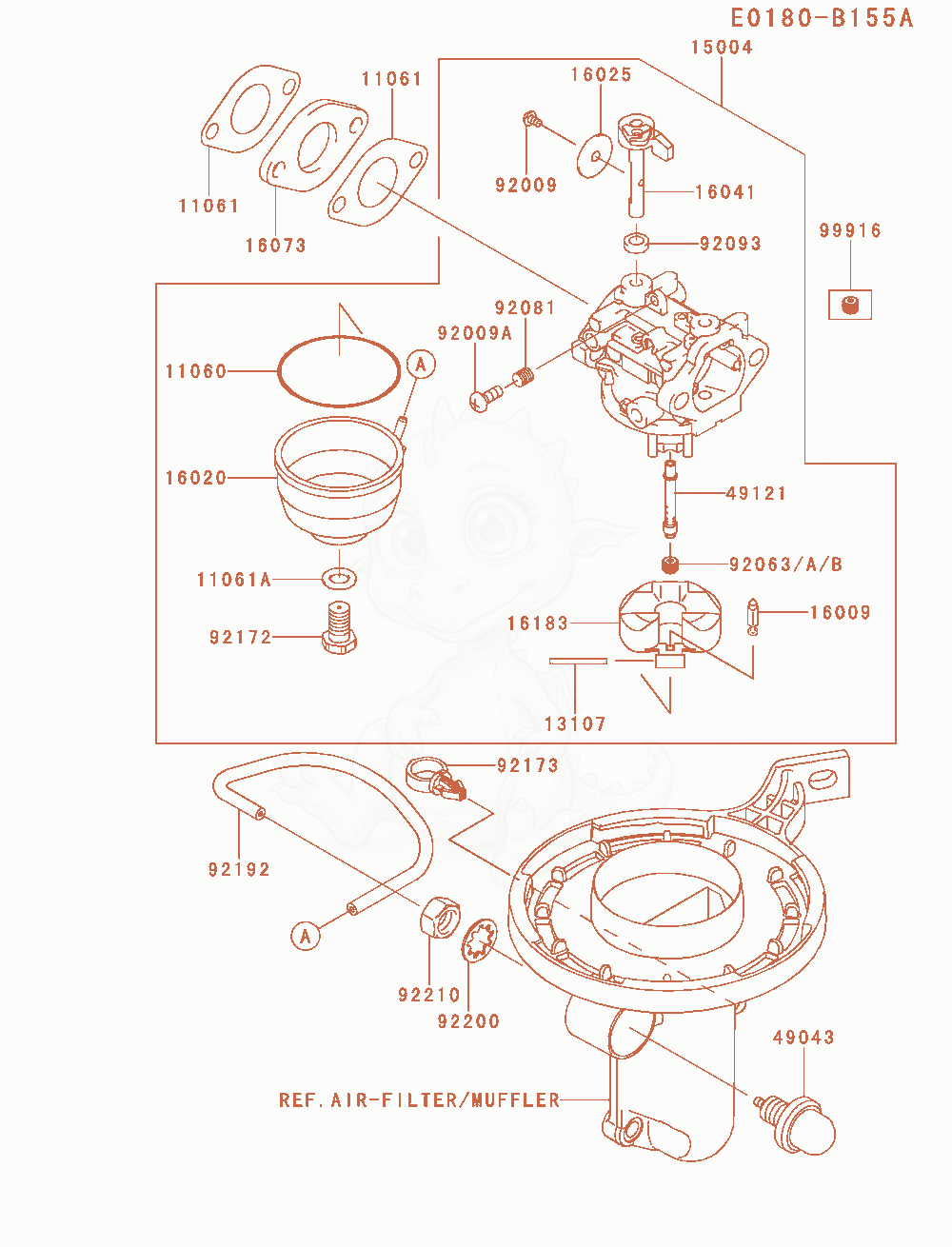 Exploded parts diagram of the Carburetor of a Kawasaki FJ180V-AM29 engine, with numbered balloons