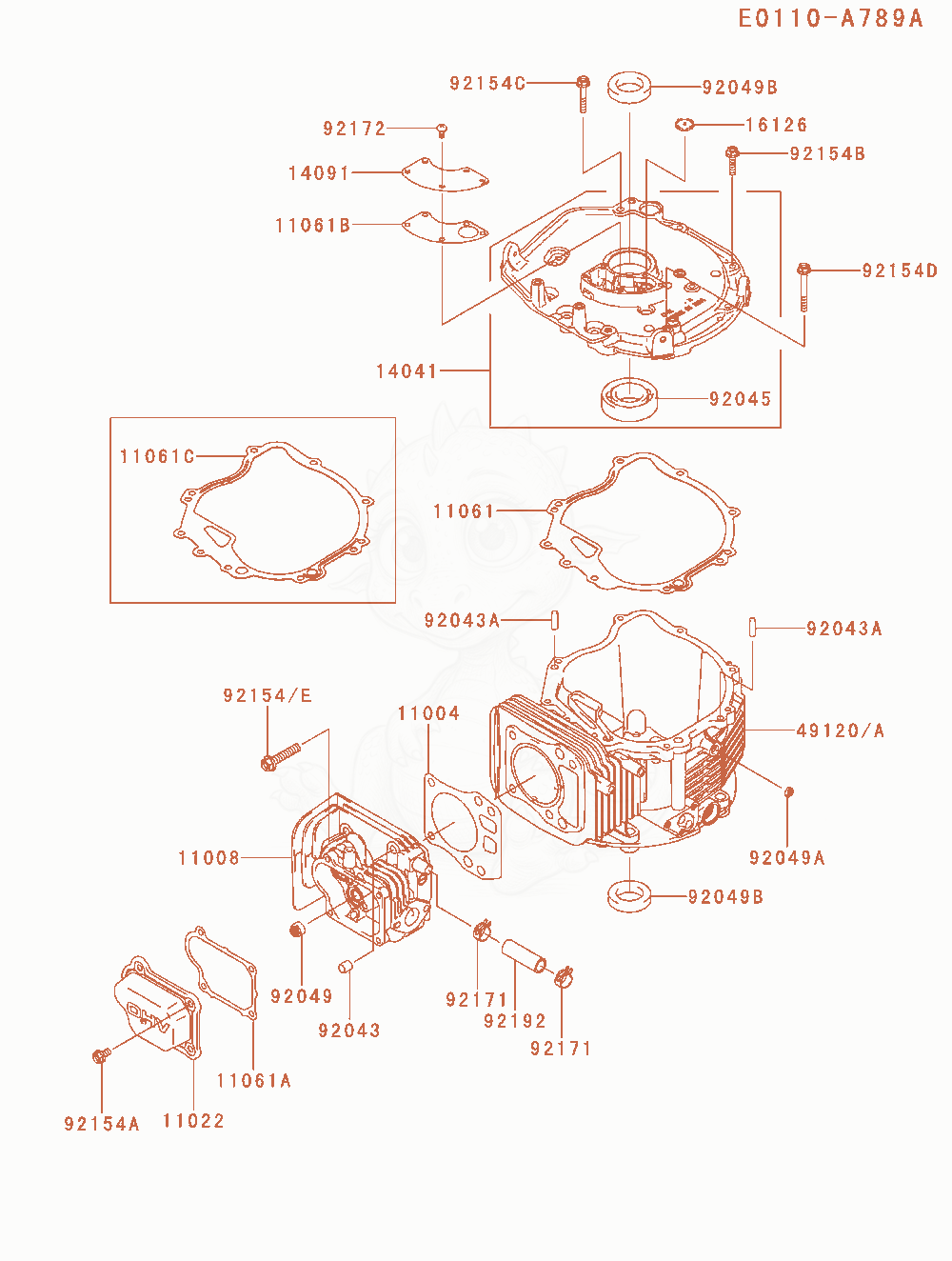 Despiece del Cylinder / Crankcase de un motor Kawasaki FJ180V-AM54, con globos numerados