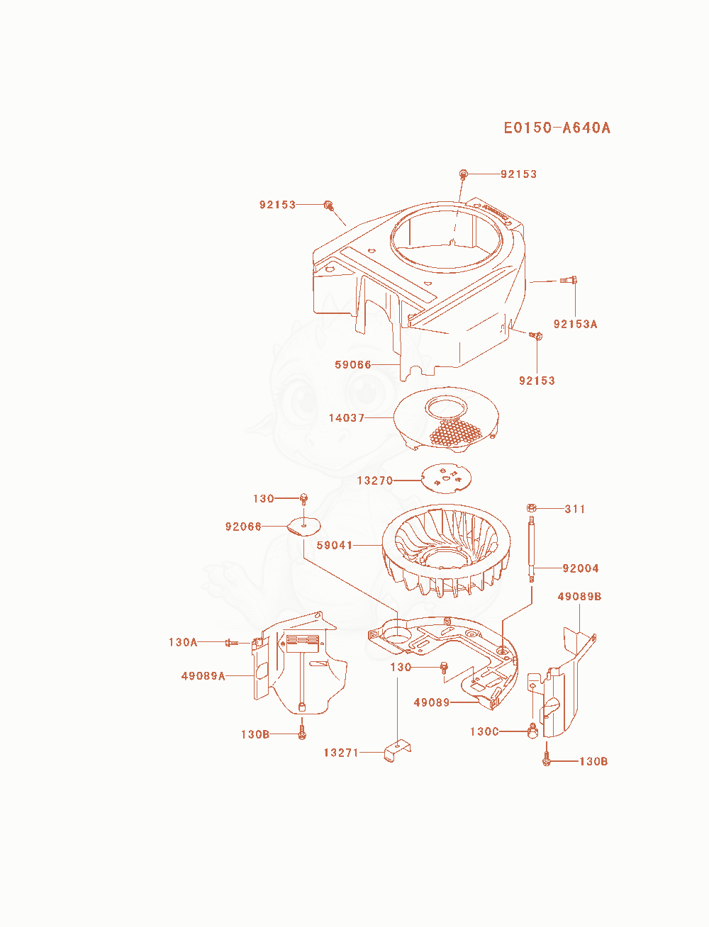 Despiece del Cooling-Equipment de un motor Kawasaki FH580V-AS27, con globos numerados