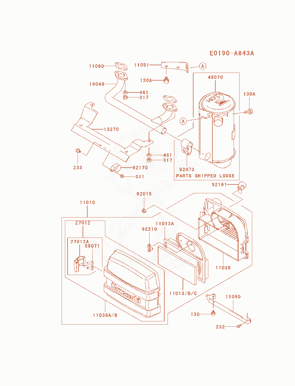 Despiece del Air-Filter / Muffler de un motor Kawasaki FH580V-AS13, con globos numerados