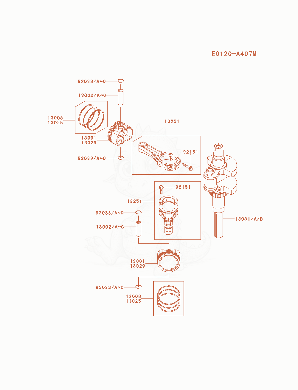 Exploded parts diagram of the Piston / Crankshaft of a Kawasaki FS651V-AS00 engine, with numbered balloons