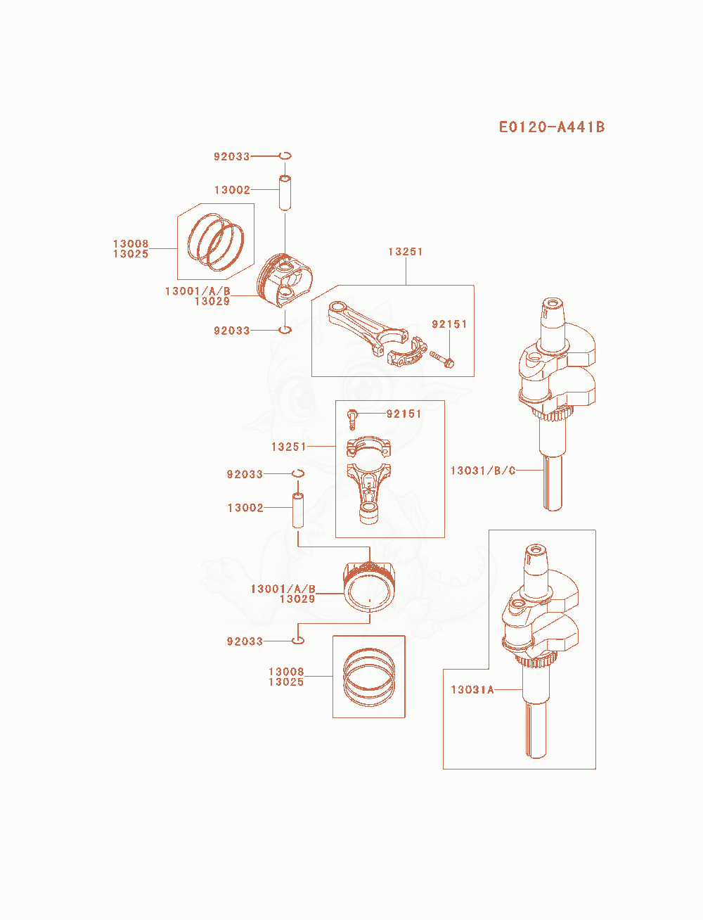Exploded parts diagram of the Piston / Crankshaft of a Kawasaki FX541V-AS05 engine, with numbered balloons