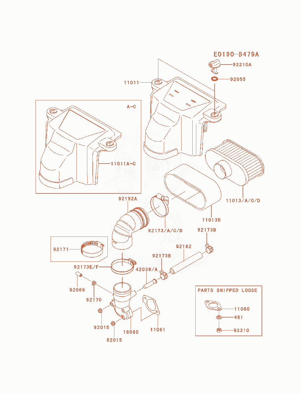 Despiece del Air-Filter / Muffler de un motor Kawasaki FS691V-AS08, con globos numerados