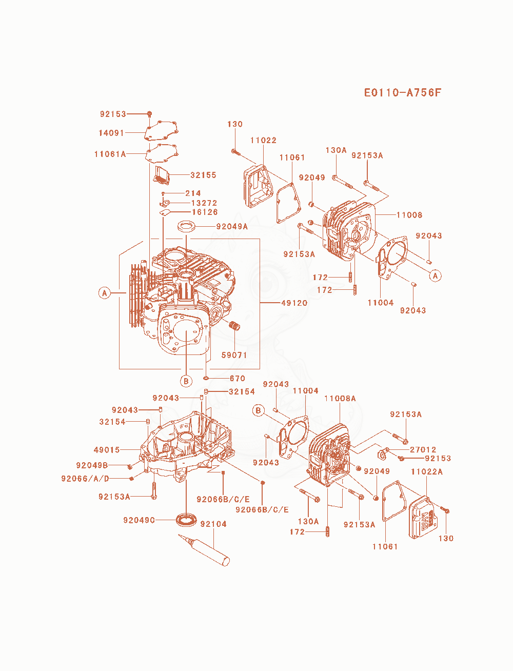 Despiece del Cylinder / Crankcase de un motor Kawasaki FS481V-AS25, con globos numerados