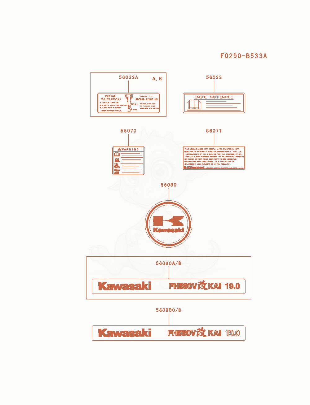Exploded parts diagram of the Label of a Kawasaki FH580V-AS34 engine, with numbered balloons