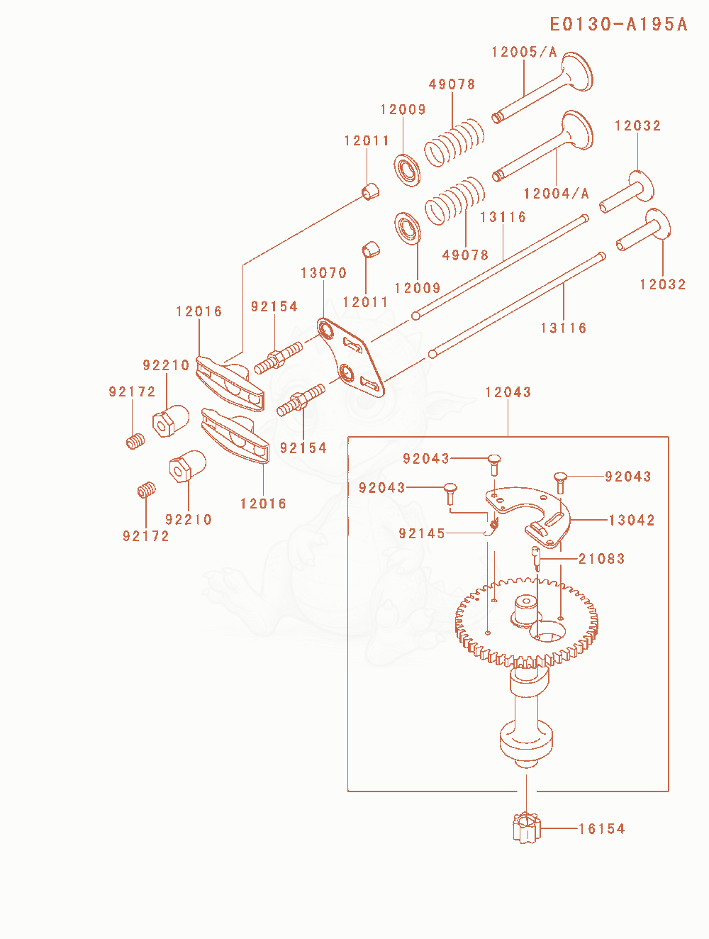 Despiece del Valve / Camshaft de un motor Kawasaki FJ180V-AM54, con globos numerados