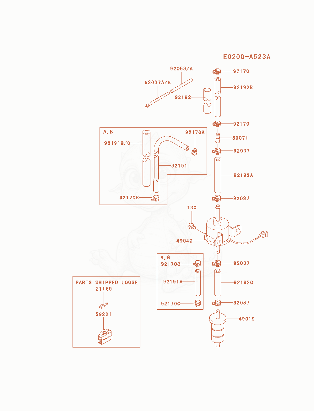 Despiece del Fuel-Tank / Fuel-Valve de un motor Kawasaki FD750D-AS06, con globos numerados
