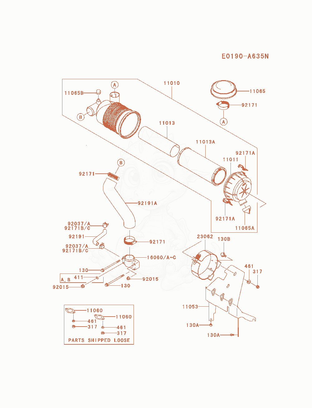 Despiece del Air-Filter / Muffler de un motor Kawasaki FH680V-AS28, con globos numerados