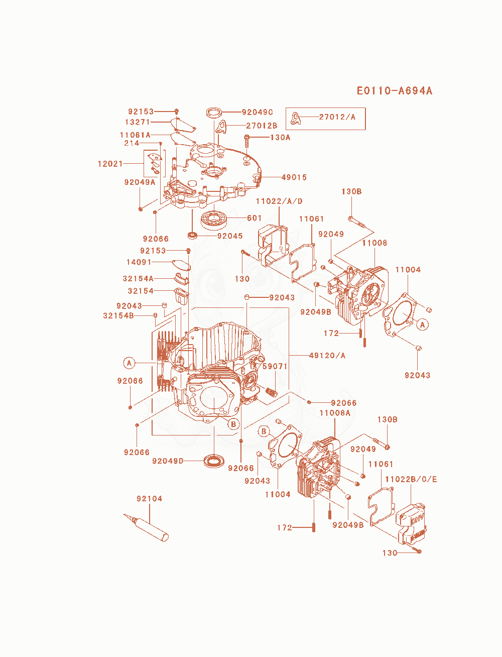 Despiece del Cylinder / Crankcase de un motor Kawasaki FXT00V-AS05, con globos numerados