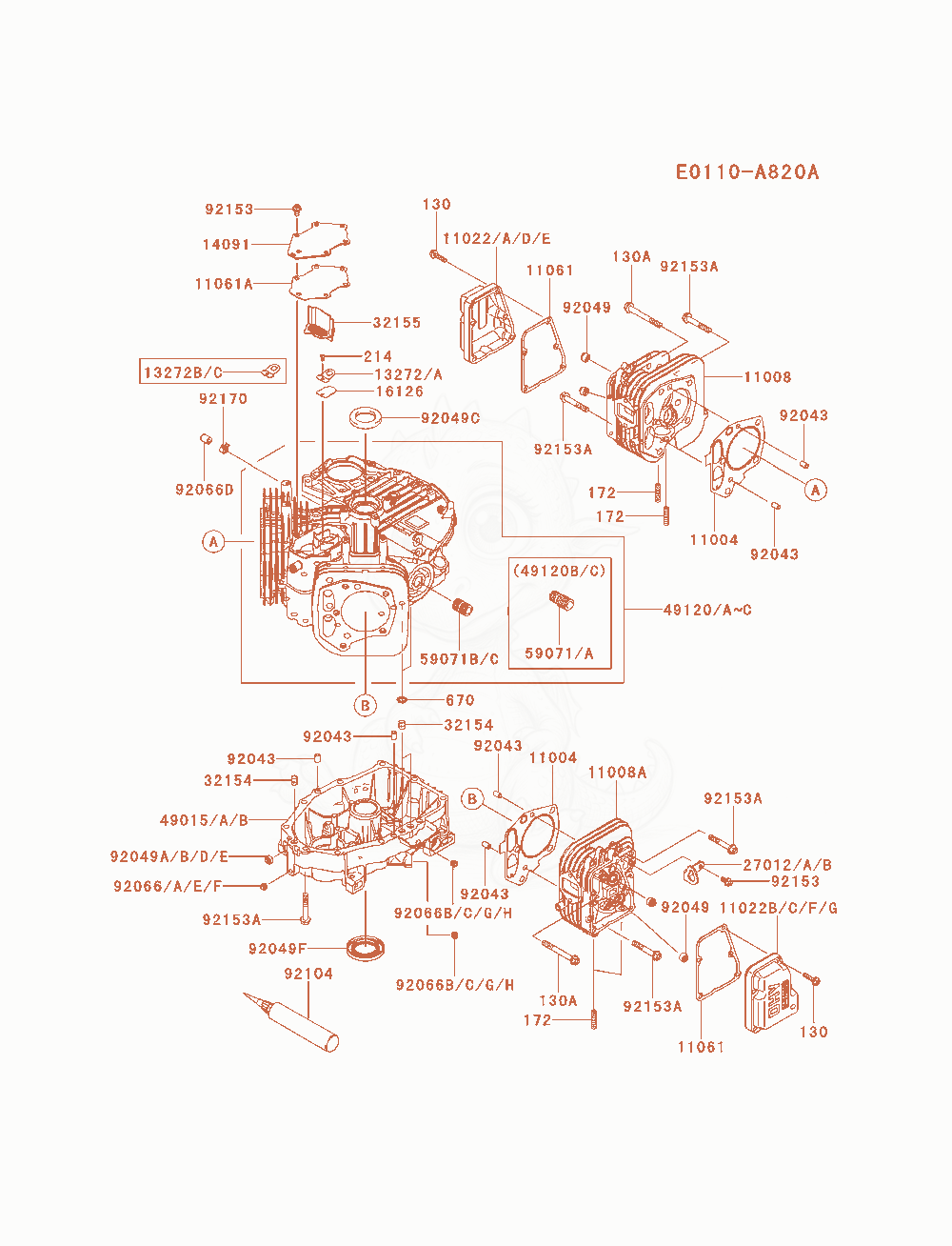 Despiece del Cylinder / Crankcase de un motor Kawasaki FS481V-AS10, con globos numerados