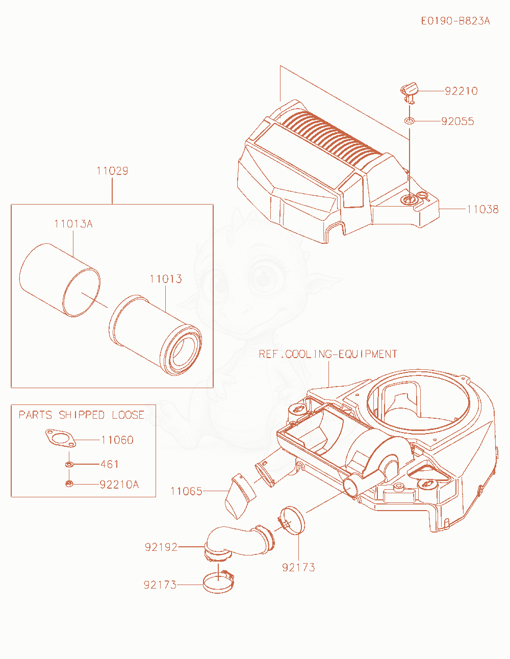Despiece del Air-Filter / Muffler de un motor Kawasaki FT730V-AW00, con globos numerados