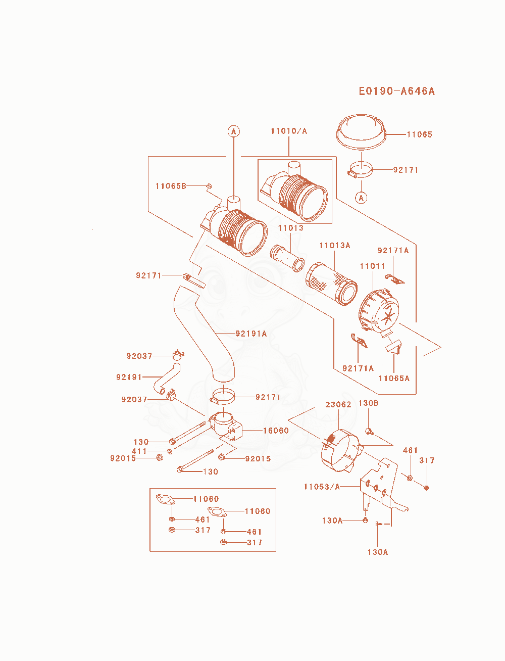 Despiece del Air-Filter / Muffler de un motor Kawasaki FH721V-AS20, con globos numerados