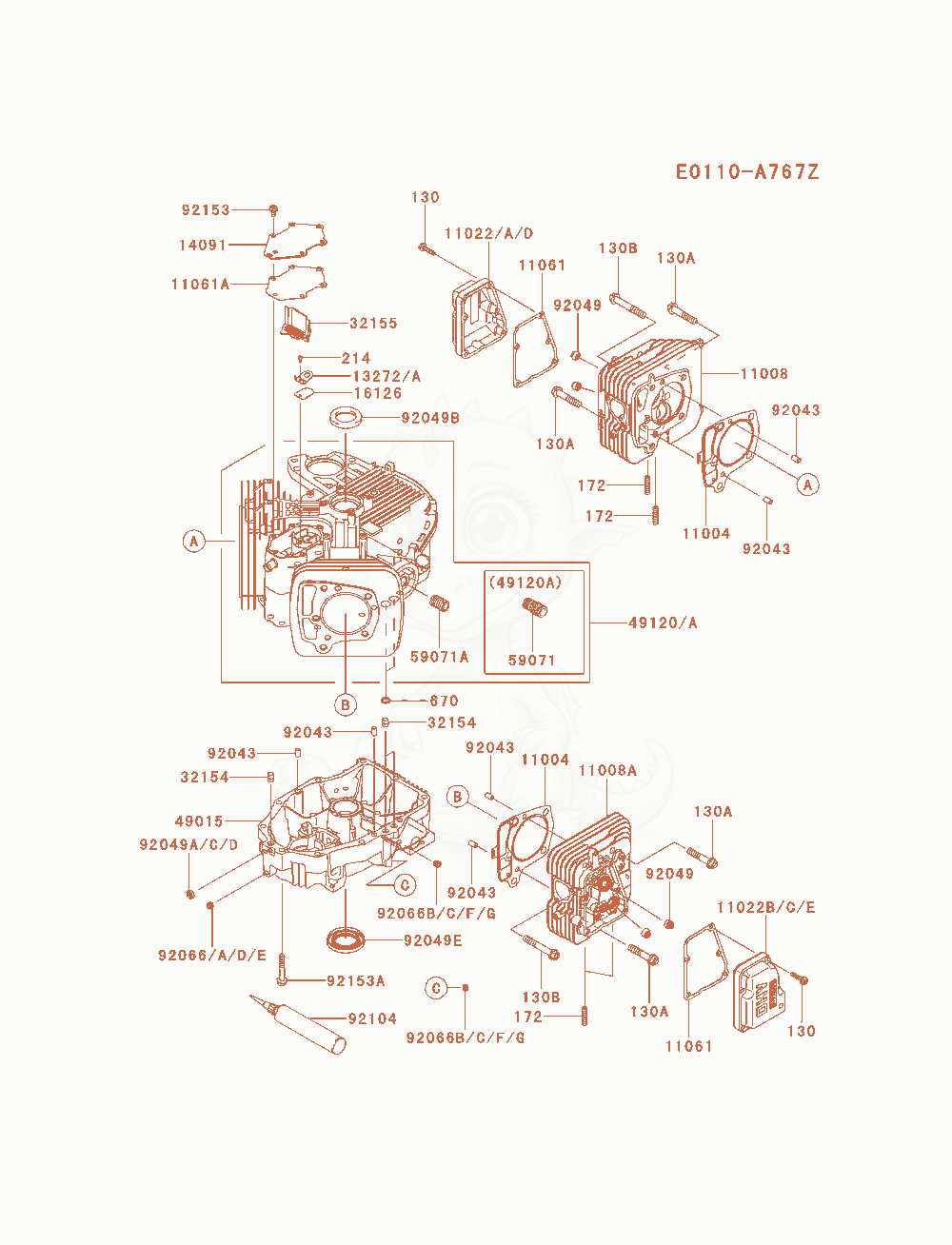 Despiece del Cylinder / Crankcase de un motor Kawasaki FR691V-AS14, con globos numerados