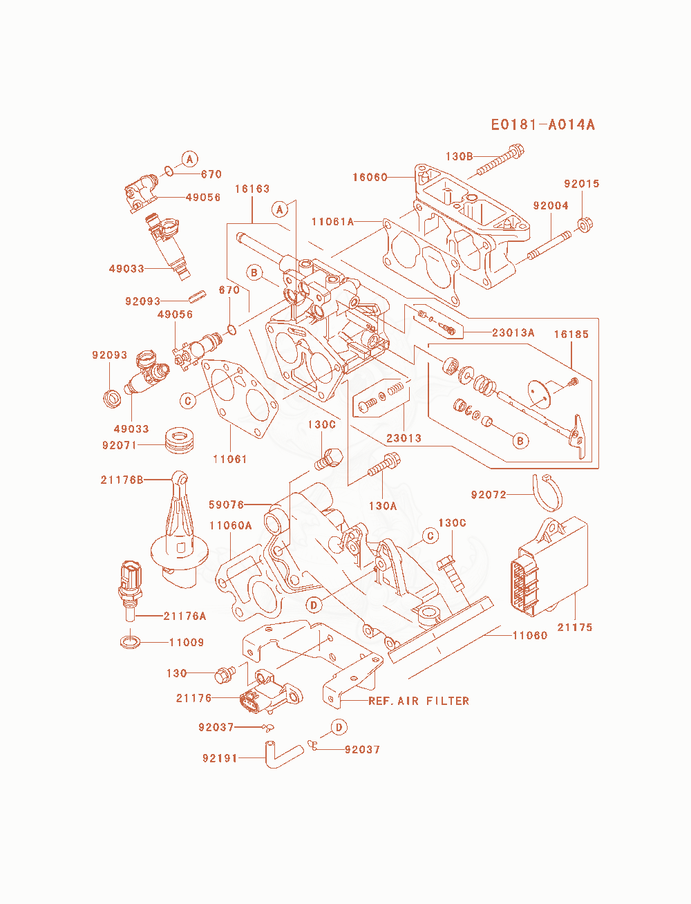 Despiece del Throttle-Equipment de un motor Kawasaki FD791D-AS07, con globos numerados