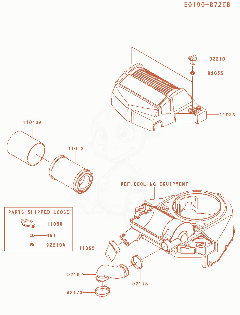 Despiece del Air-Filter / Muffler de un motor Kawasaki FT730V-AS43, con globos numerados