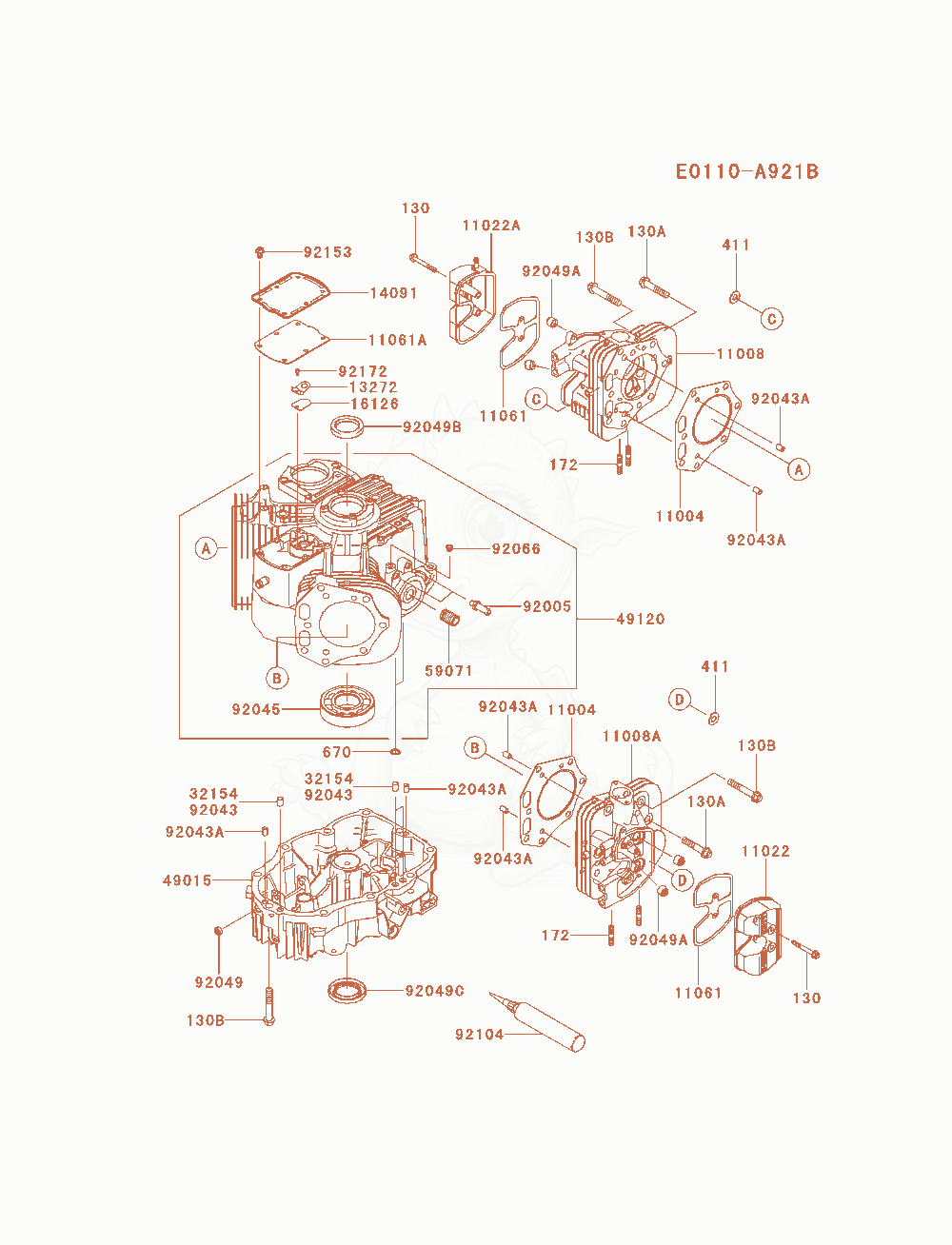 Despiece del Cylinder / Crankcase de un motor Kawasaki FX801V-AS14, con globos numerados
