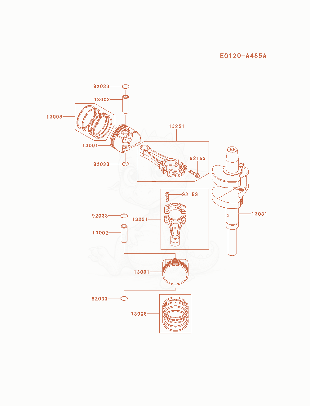Exploded parts diagram of the Piston / Crankshaft of a Kawasaki FX801V-AS14 engine, with numbered balloons