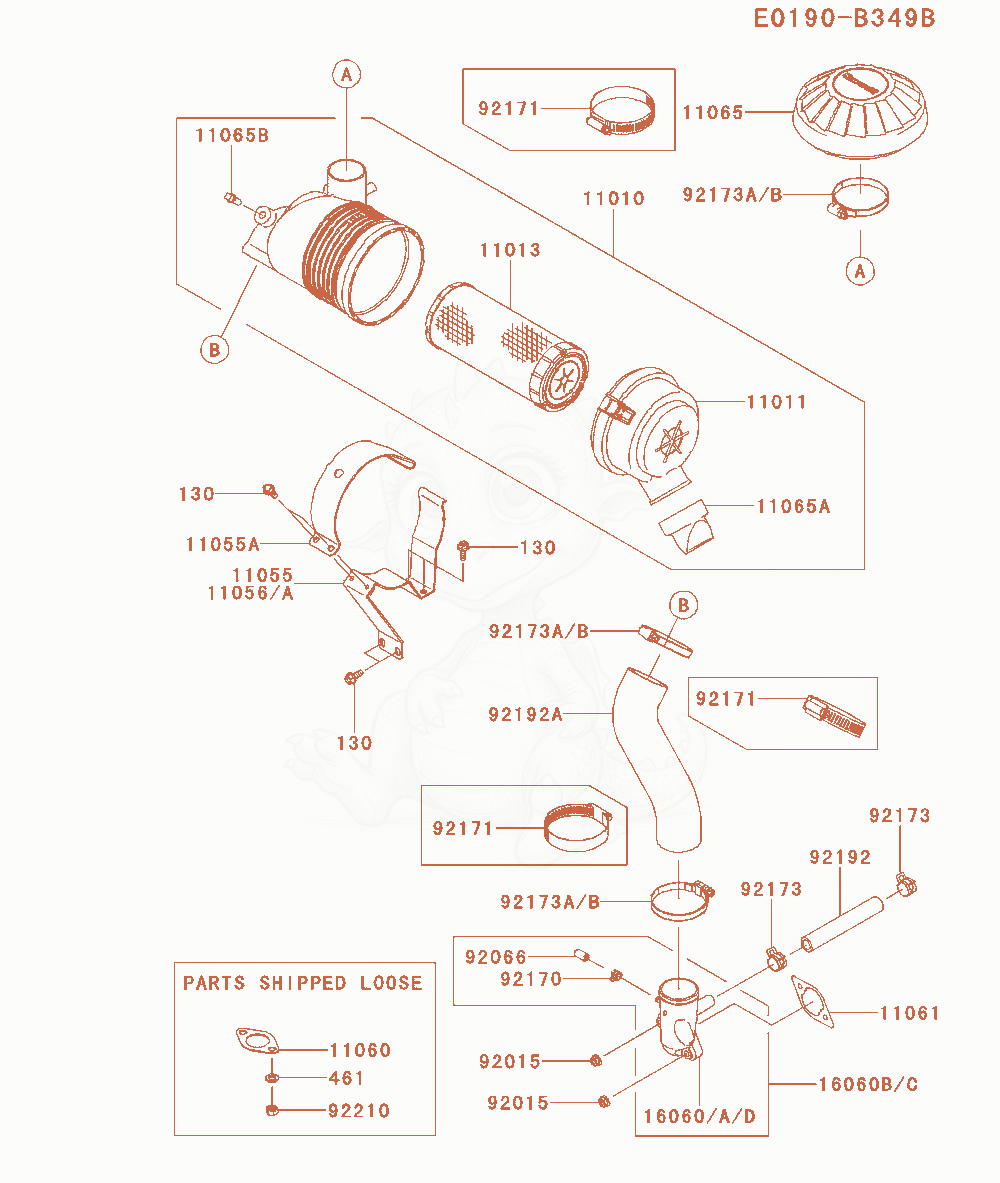 Despiece del Air-Filter / Muffler de un motor Kawasaki FX541V-CS05, con globos numerados