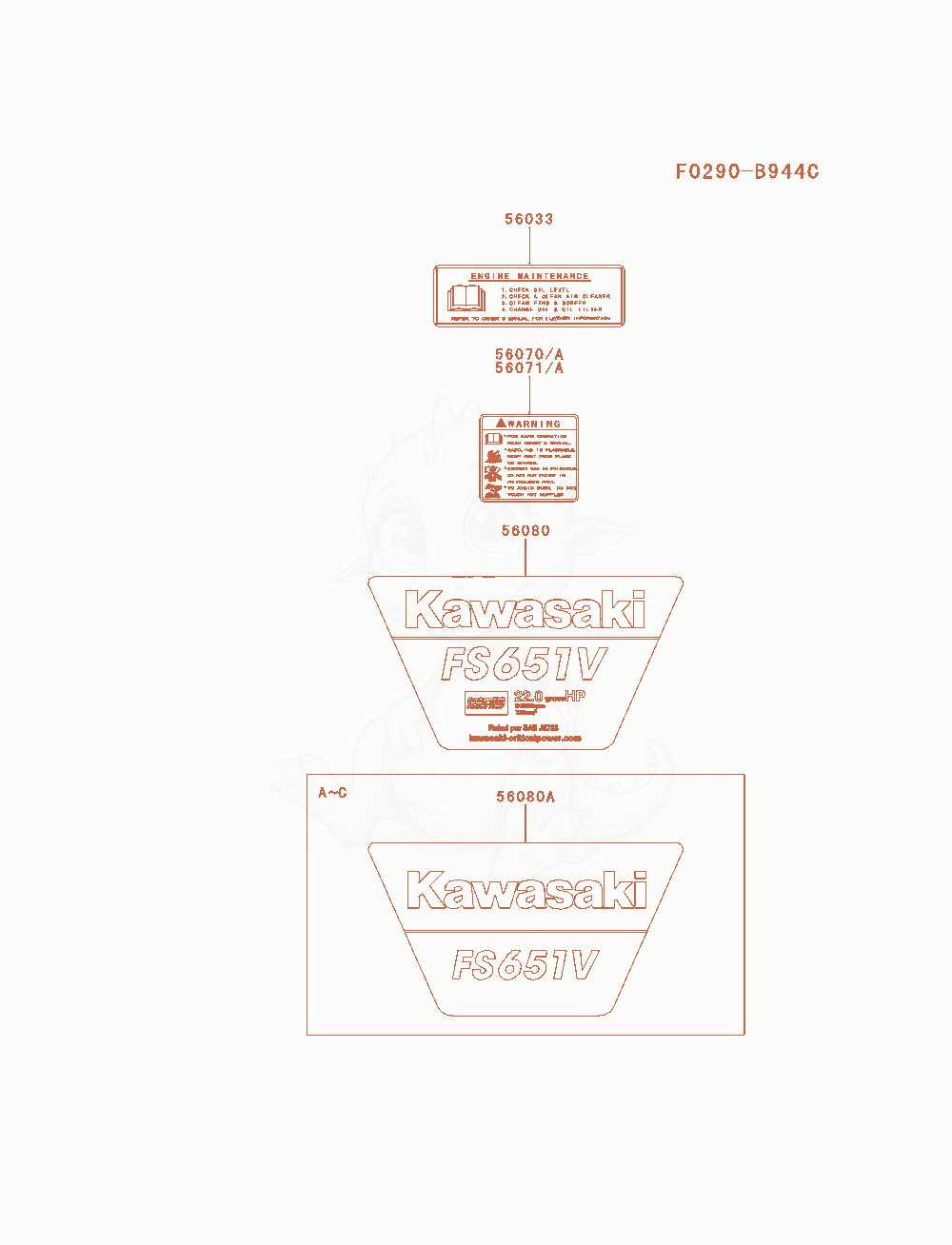 Exploded parts diagram of the Label of a Kawasaki FS651V-AS11 engine, with numbered balloons