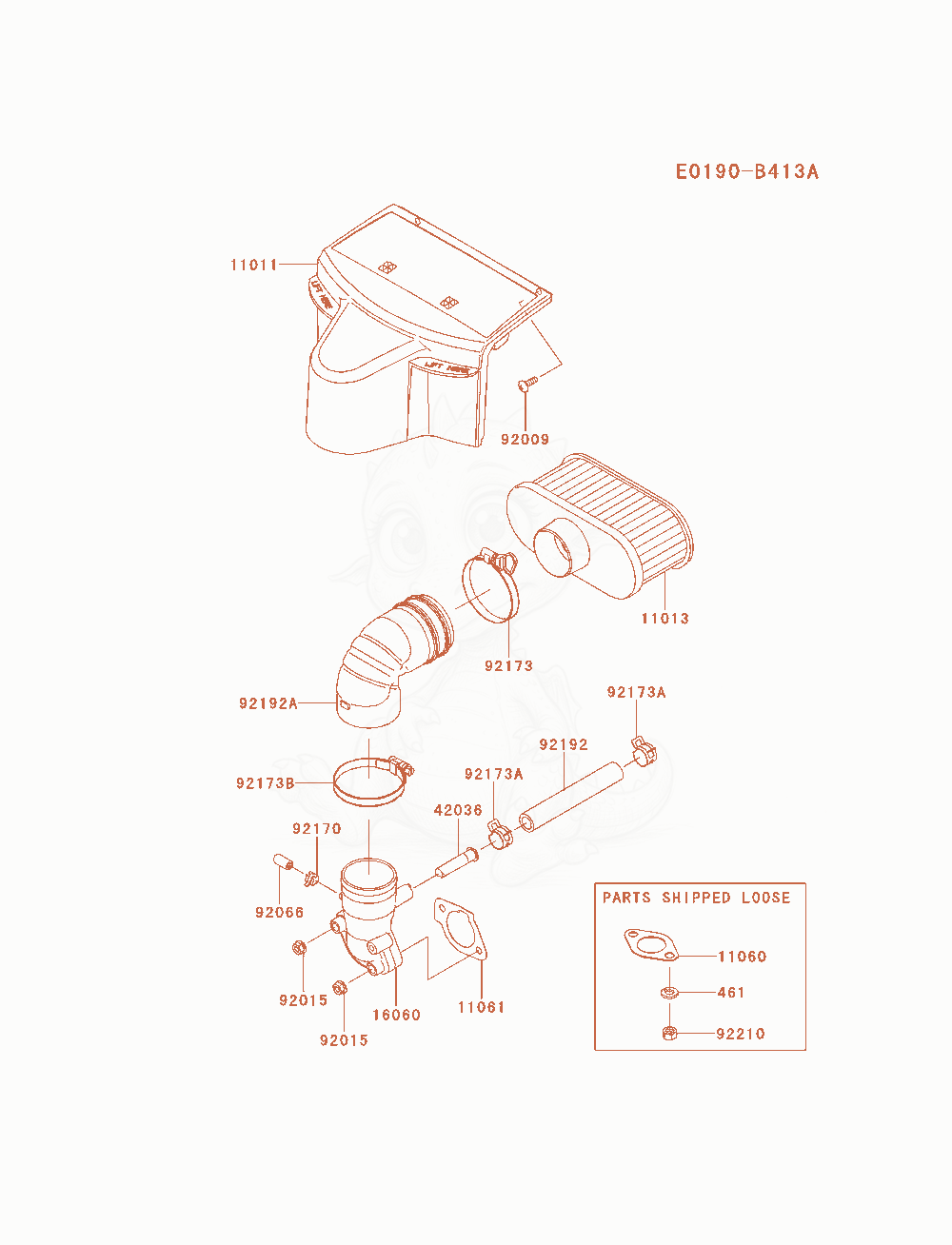 Despiece del Air-Filter / Muffler de un motor Kawasaki FR651V-AS26, con globos numerados