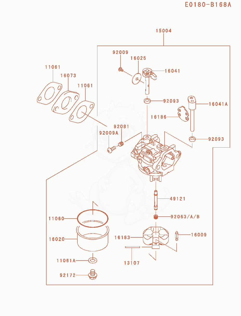 Despiece del Carburetor de un motor Kawasaki FJ180V-AM22, con globos numerados