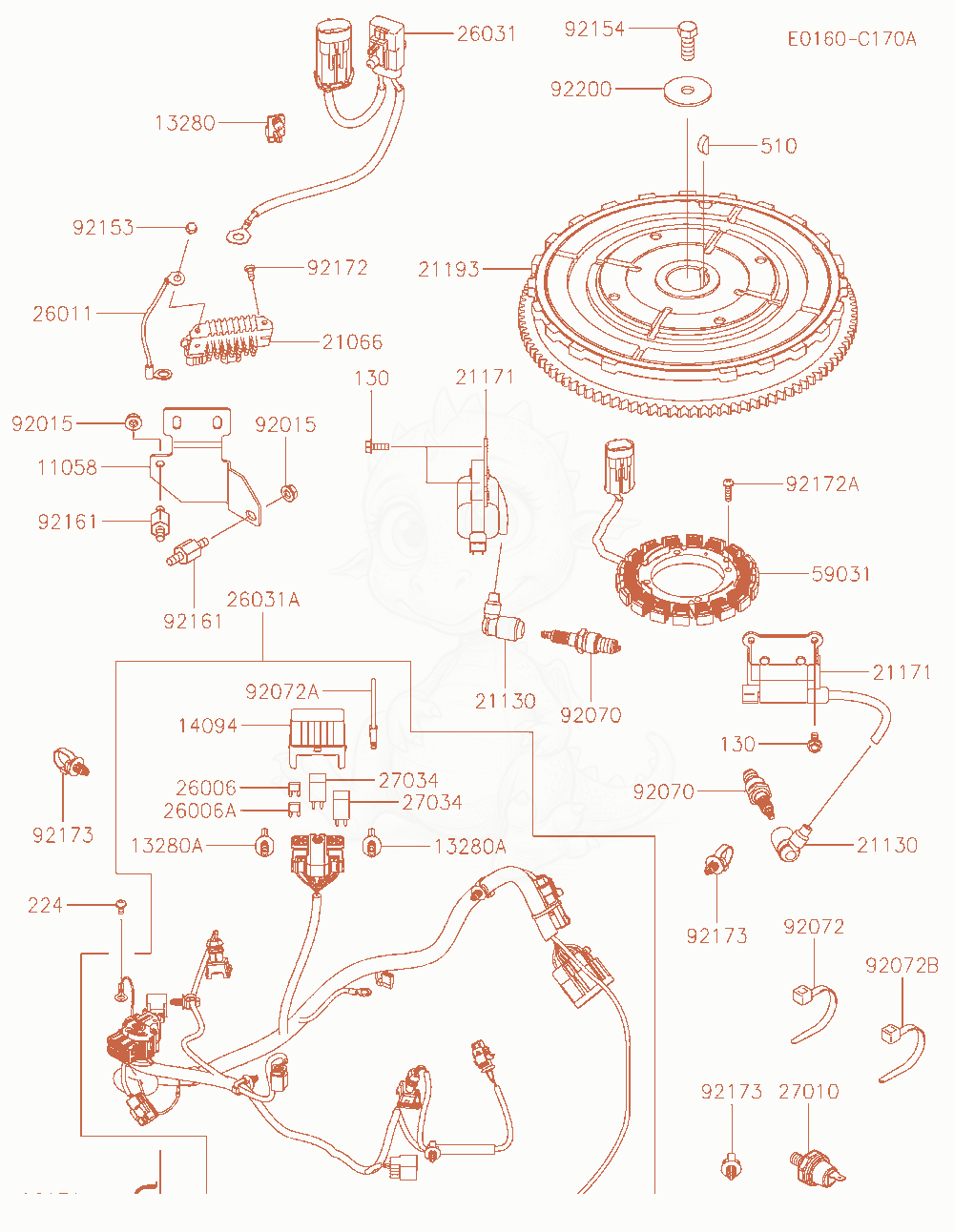 Despiece del Electric-Equipment de un motor Kawasaki FXT00V-AW00, con globos numerados